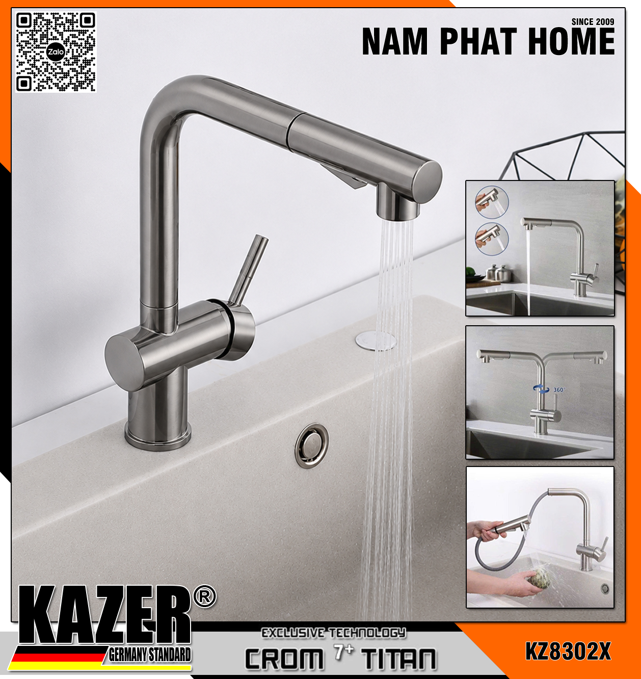 KZ8302X - VÒI RỬA CHÉN NÓNG LẠNH DÂY RÚT ĐỒNG THAU MẠ XÁM TITAN
