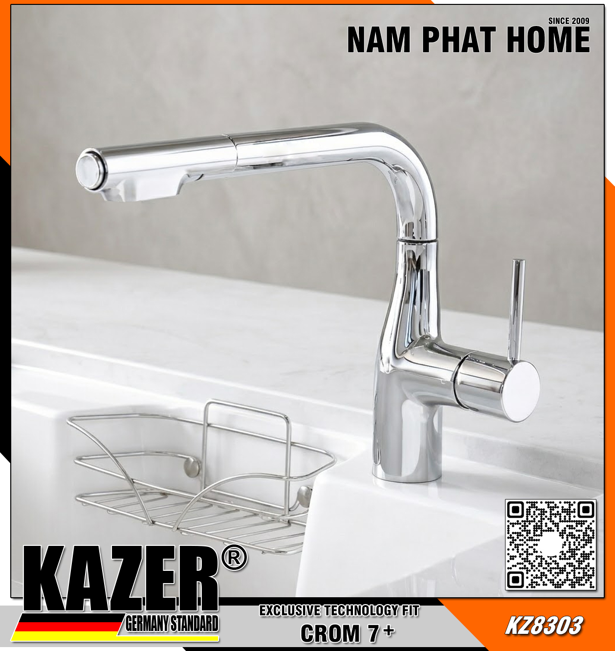 KZ8303 - VÒI RỬA CHÉN NÓNG LẠNH DÂY RÚT ĐỒNG THAU MẠ CROM KAZER 