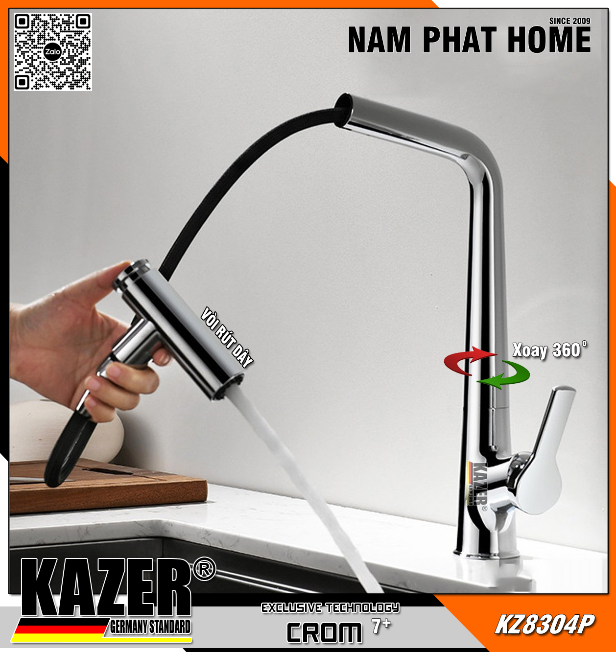 KZ8304P - VÒI RỬA CHÉN NÓNG LẠNH ĐỒNG THAU KAZER GERMANY, MẠ CROM 7+, MẪU DÂY RÚT ĐẦU BÚA 