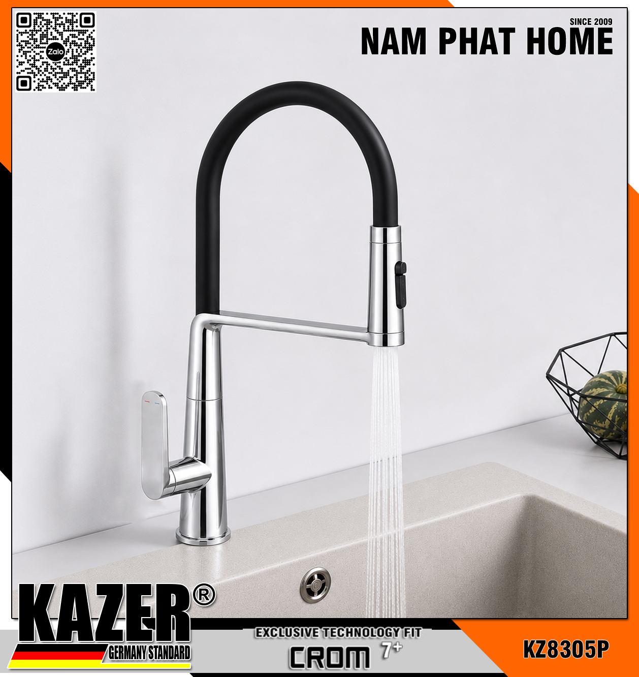 KZ8305P, VÒI RỬA CHÉN NÓNG LẠNH ĐỒNG THAU MẠ CROME 7 LỚP, DÂY RÚT LÒ XO CAO CẤP