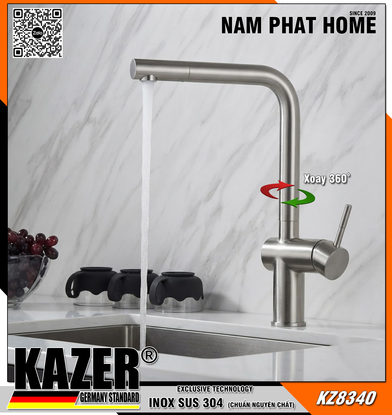 KZ8340 - VÒI RỬA CHÉN NÓNG LẠNH INOX 304 CHUẨN NGUYÊN CHẤT KAZER GERMANY , ỐNG XOAY 360 ĐỘ
