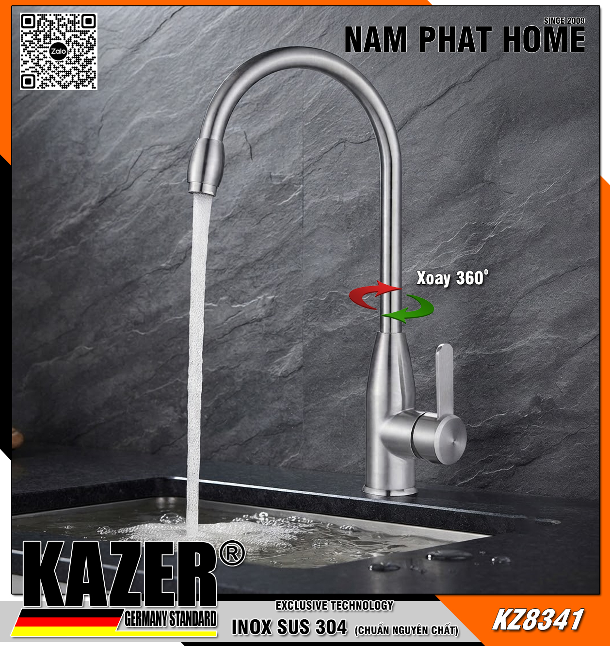 KZ8341 - VÒI RỬA CHÉN NÓNG LẠNH INOX 304 CHUẨN NGUYÊN CHẤT KAZER GERMANY , ỐNG XOAY 360 ĐỘ