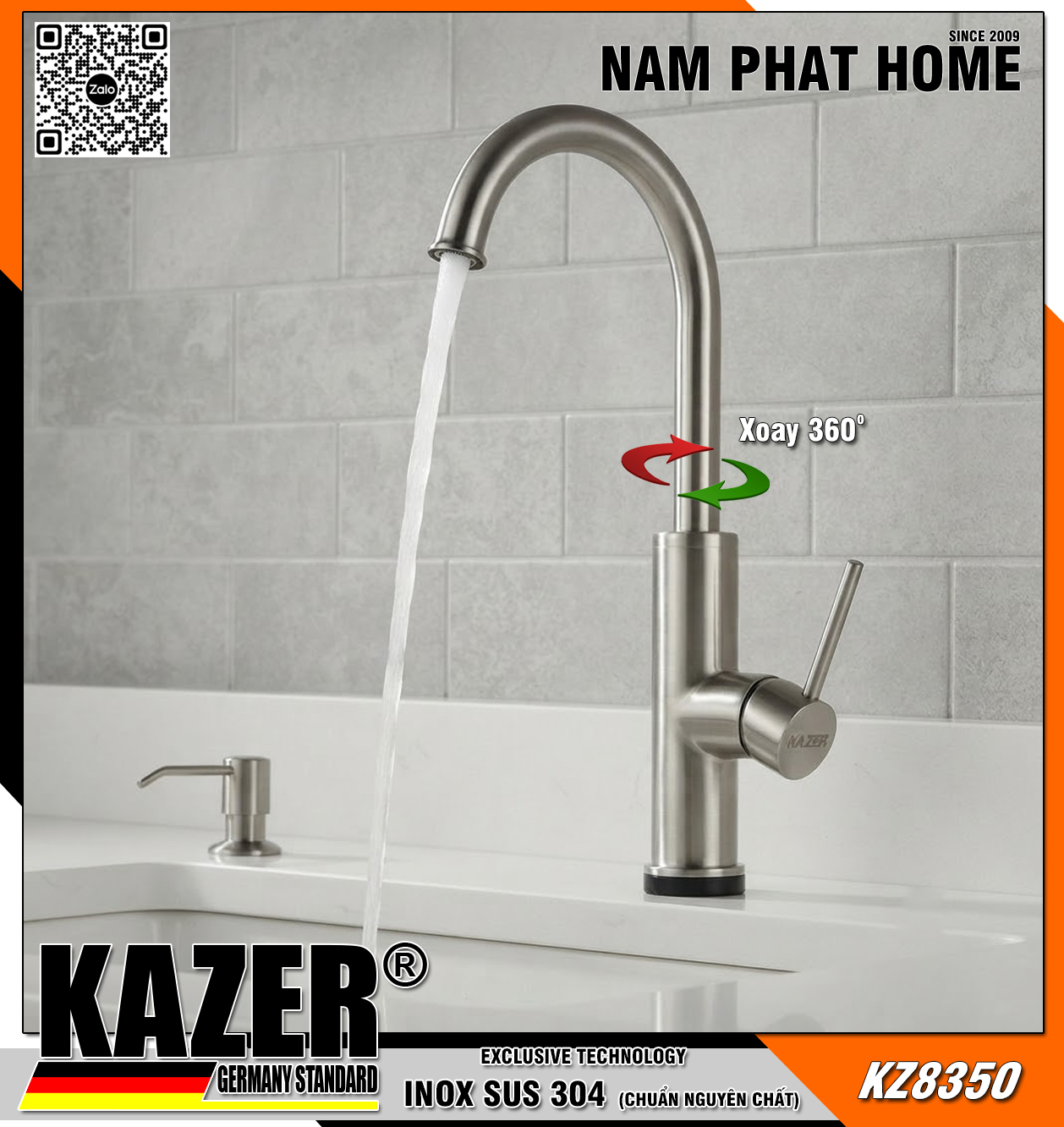KZ8350 - VÒI RỬA CHÉN NÓNG LẠNH INOX 304 CHUẨN NGUYÊN CHẤT KAZER GERMANY 