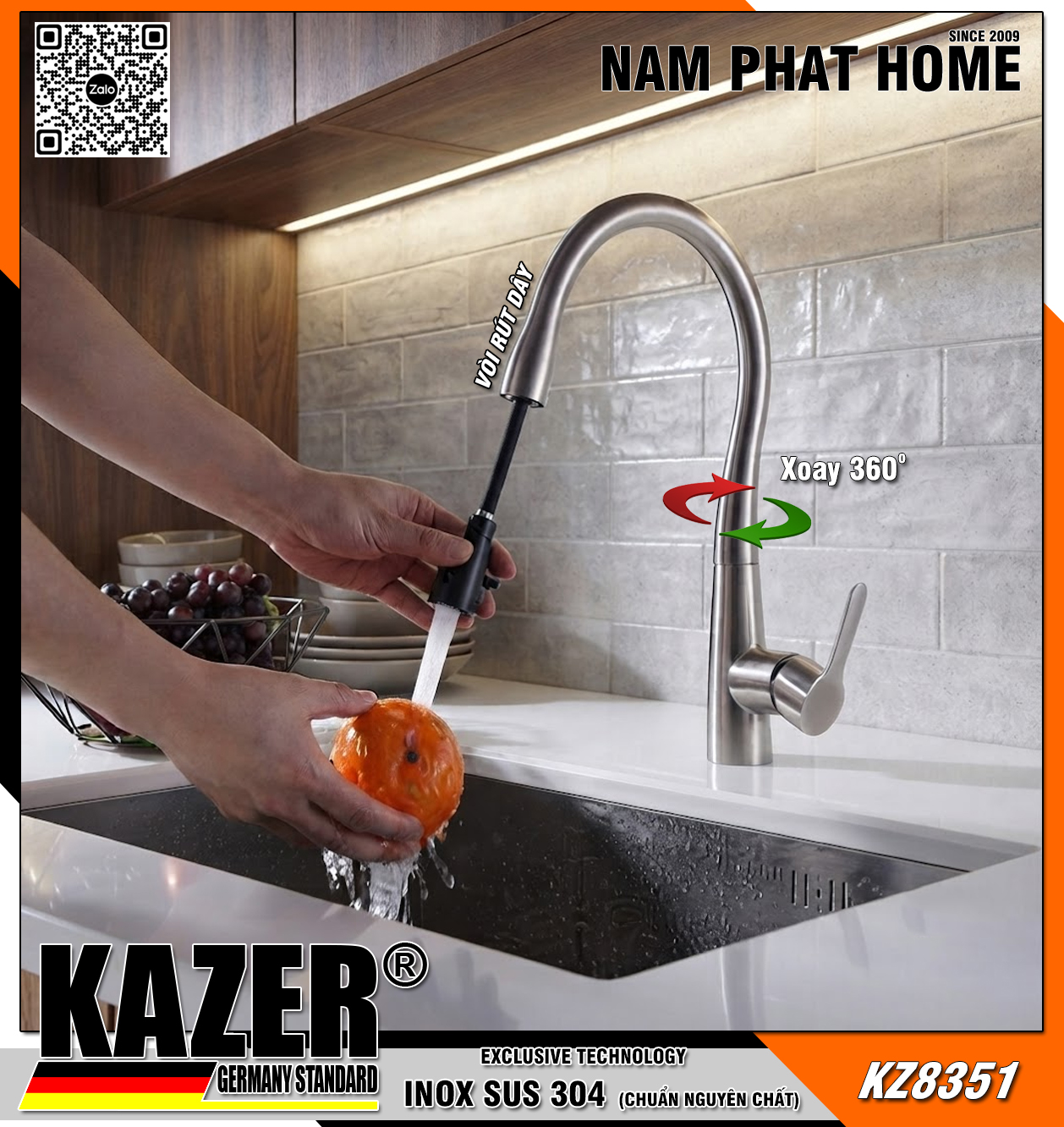 KZ8351 - VÒI RỬA CHÉN NÓNG LẠNH INOX 304  CHUẨN NGUYÊN CHẤT KAZER GERMANY , MẪU DÂY RÚT