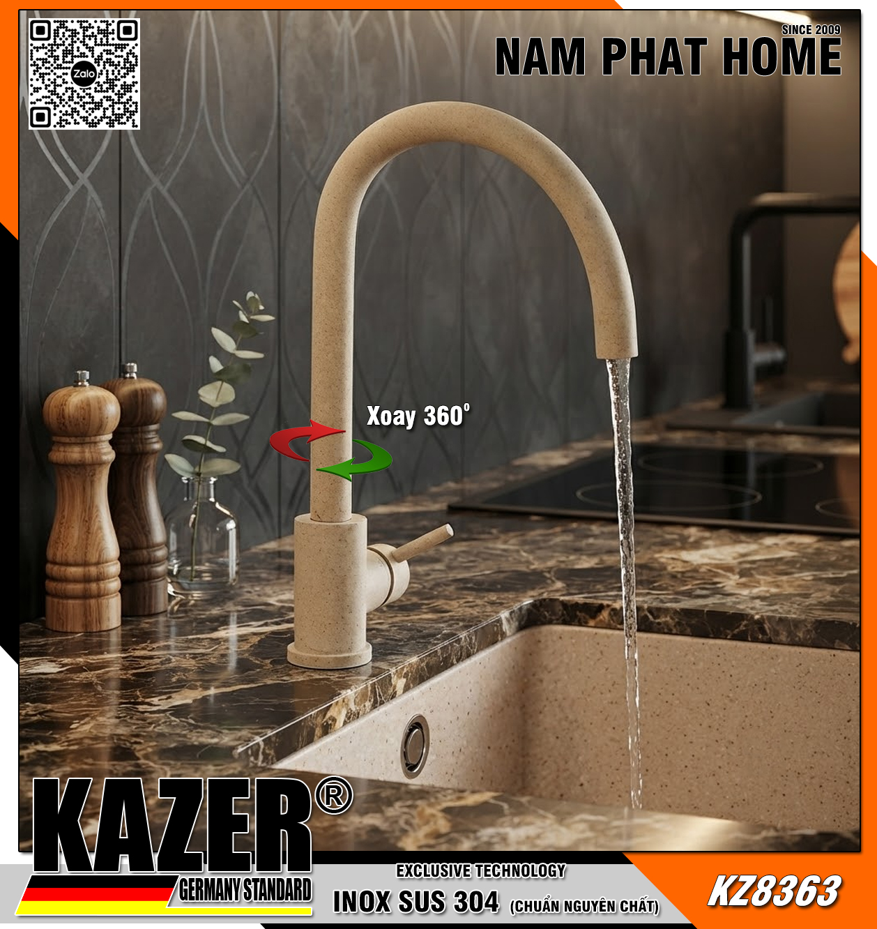 KZ8363 - VÒI RỬA CHÉN NÓNG LẠNH INOX 304 CHUẨN NGUYÊN CHẤT KAZER GERMANY, VÂN ĐÁ