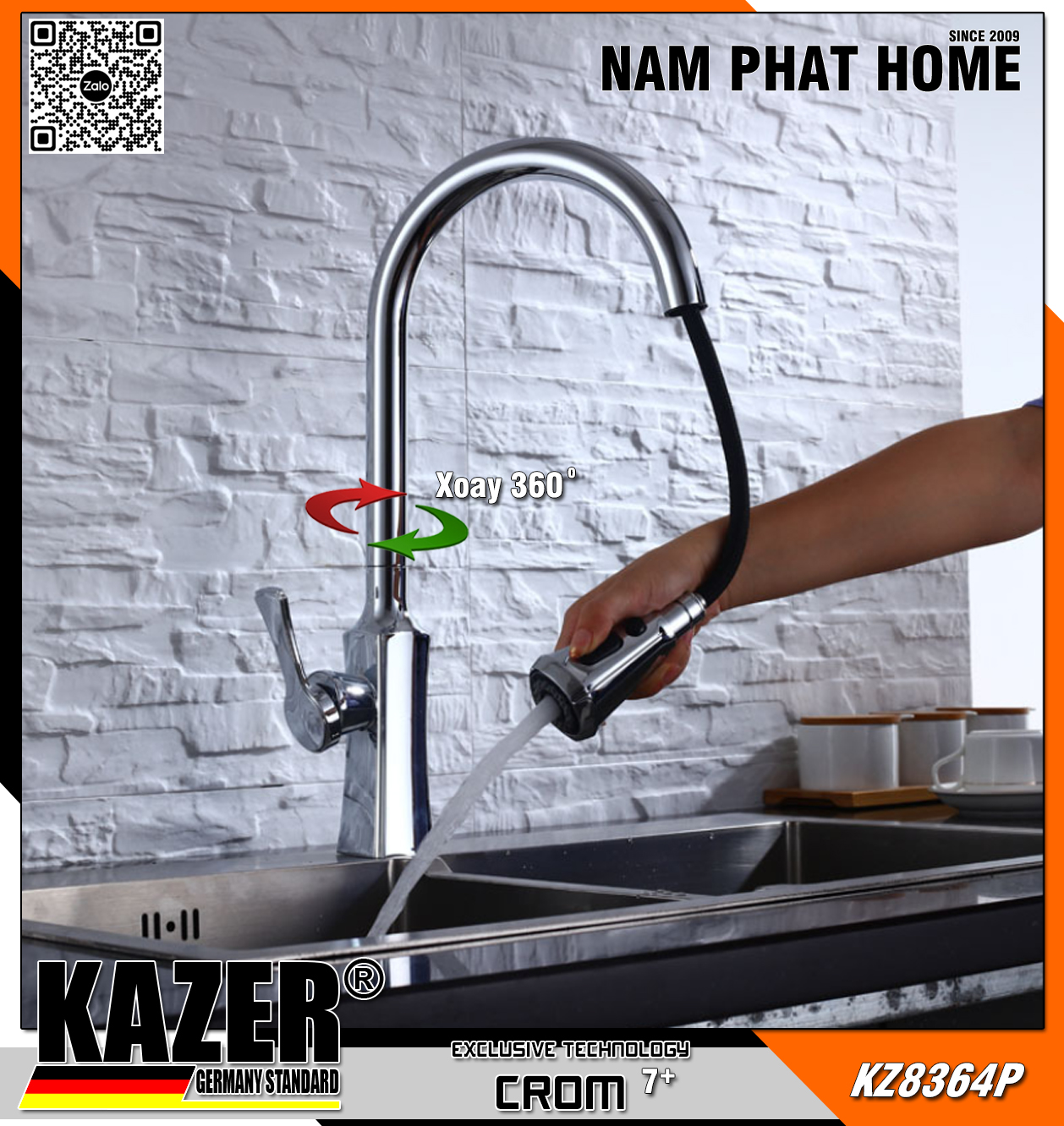 KZ8364 – VÒI RỬA CHÉN NÓNG LẠNH DÂY RÚT, MẠ CROM 7+ KAZER GERMANY