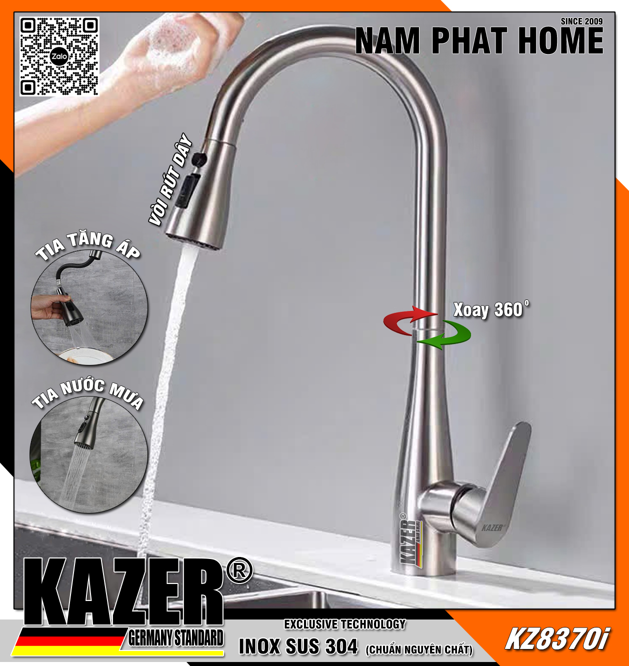 KZ8370i - VÒI RỬA CHÉN NÓNG LẠNH MÀU INOX  KAZER GERMANY , MẪU DÂY RÚT