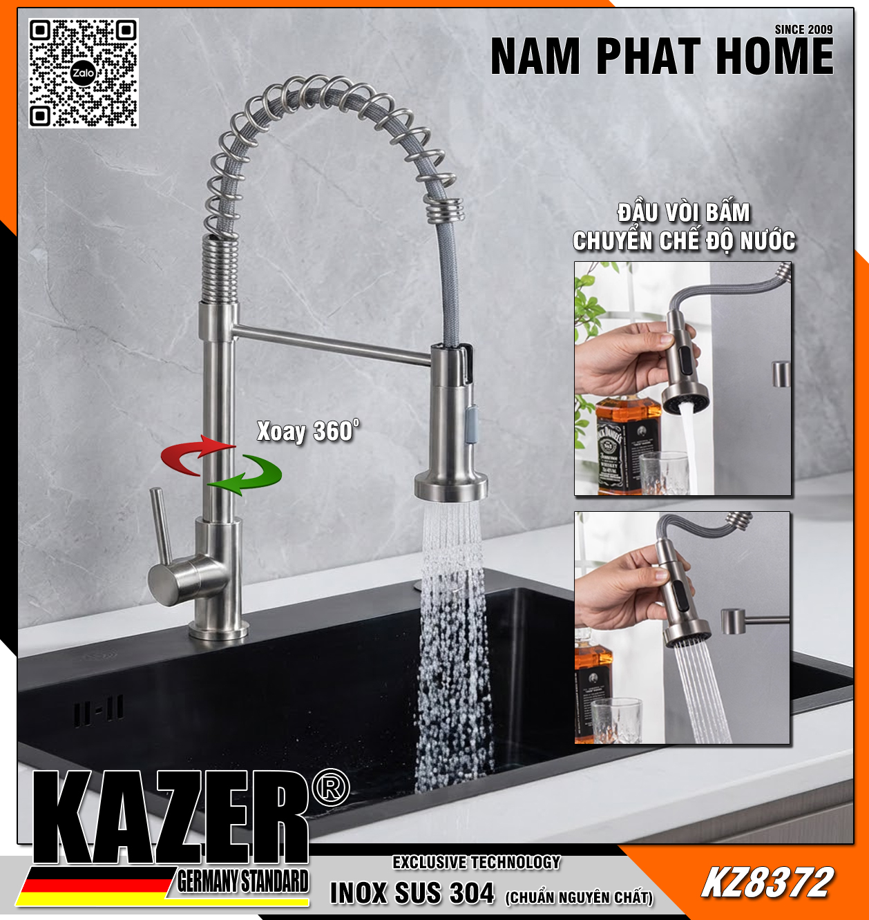 KZ8372 - VÒI RỬA CHÉN NÓNG LẠNH INOX 304 CHUẨN NGUYÊN CHẤT KAZER GERMANY