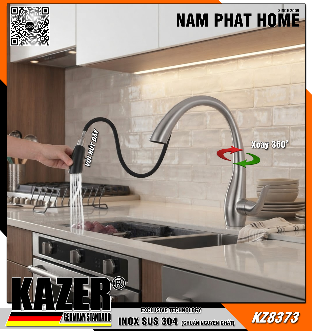KZ8373 - VÒI RỬA CHÉN NÓNG LẠNH INOX 304 CHUẨN NGUYÊN CHẤT KAZER GERMANY , MẪU DÂY RÚT