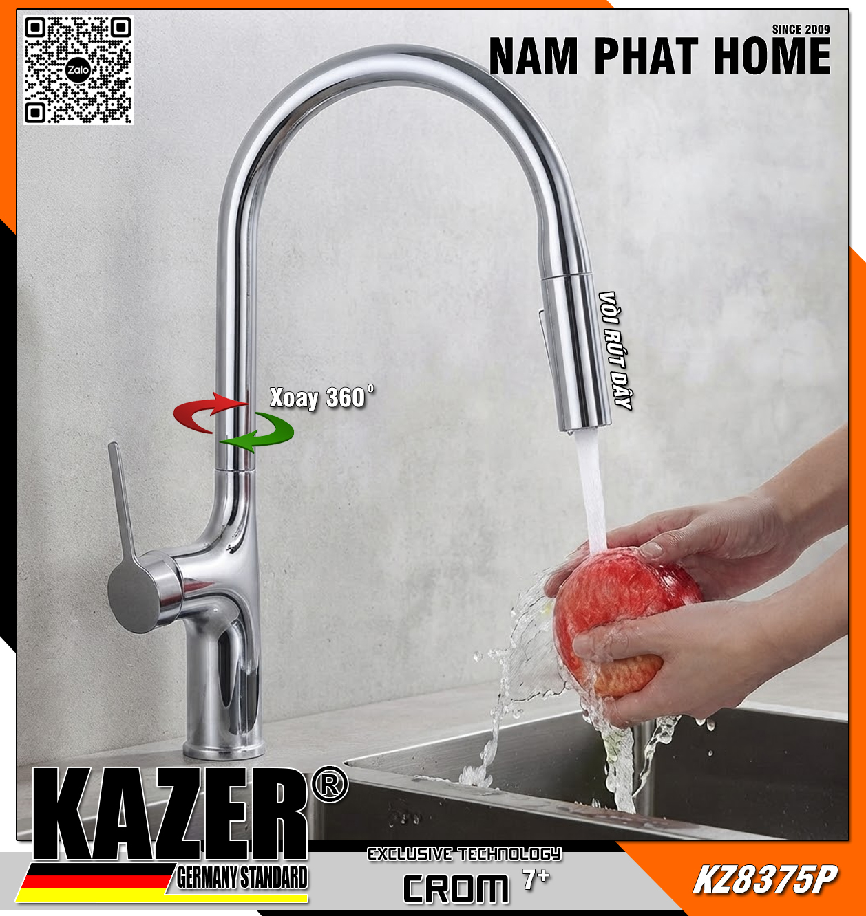 KZ8375P - VÒI RỬA CHÉN NÓNG LẠNH ĐỒNG THAU KAZER GERMANY, MẠ CROM 7+, MẪU DÂY RÚT