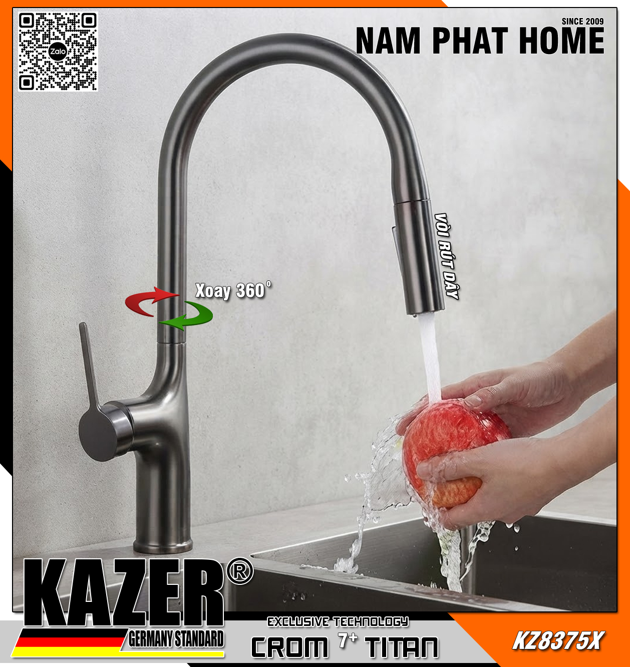 KZ8375X - VÒI RỬA CHÉN NÓNG LẠNH ĐỒNG THAU KAZER GERMANY, MẠ CROM 7+ TITAN , MẪU DÂY RÚT