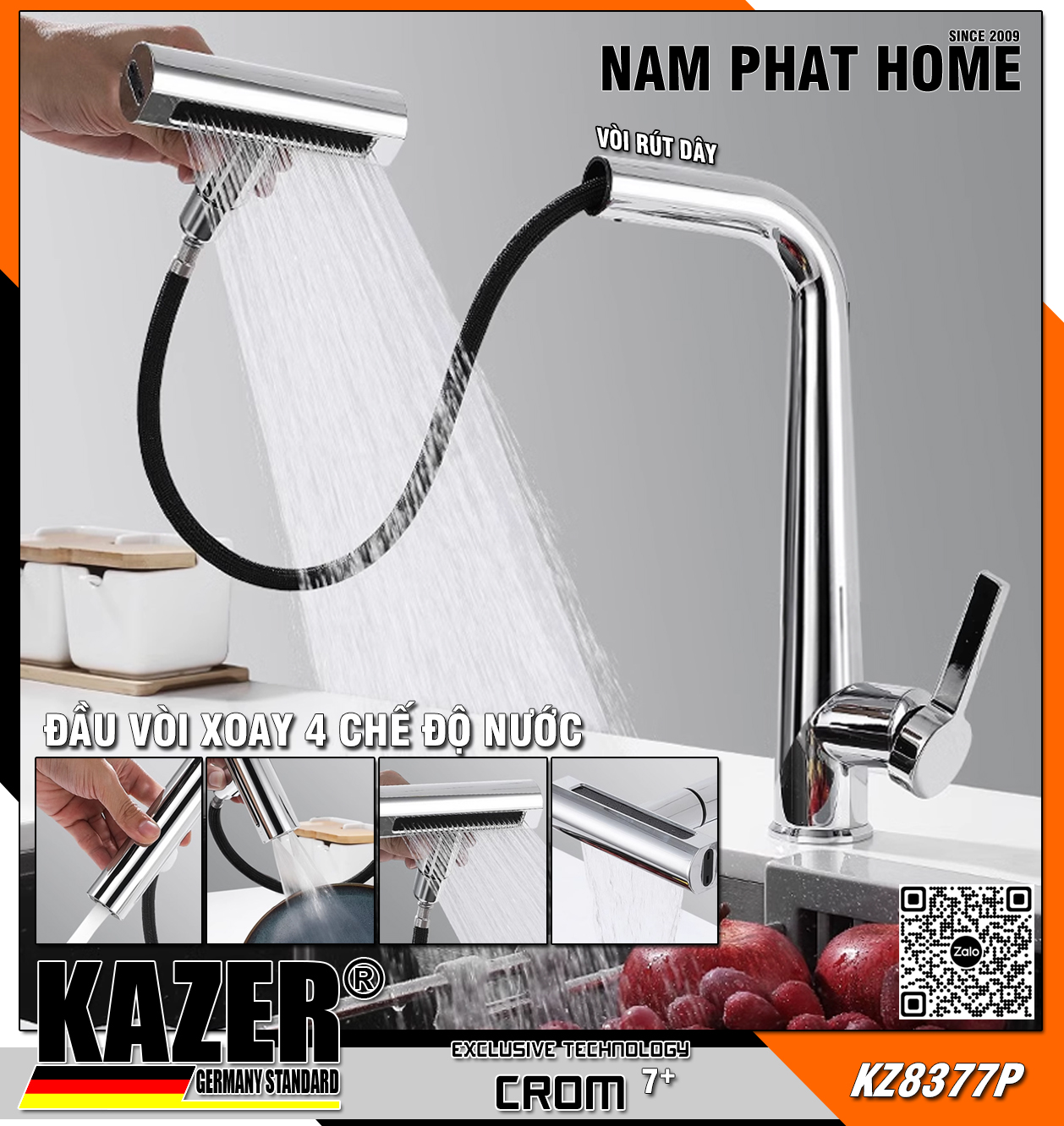 KZ8377P - VÒI RỬA CHÉN NÓNG LẠNH ĐỒNG THAU KAZER GERMANY, MẠ CROM 7+, MẪU DÂY RÚT