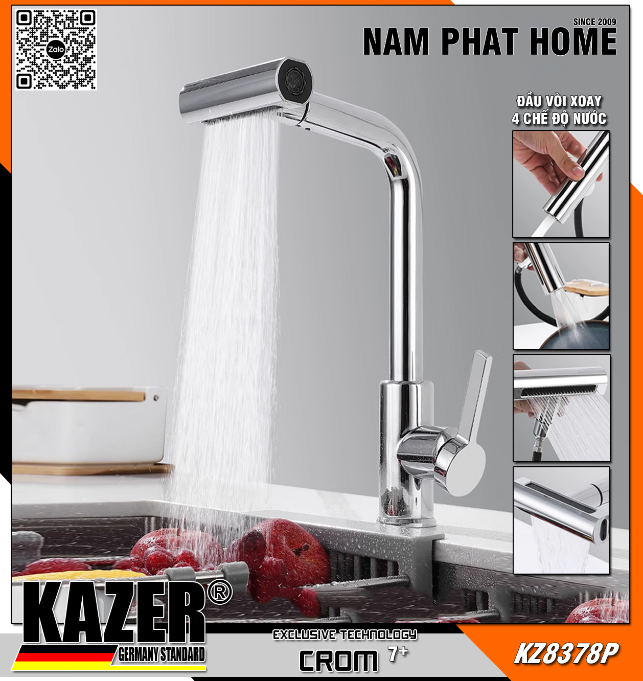 KZ8378P – VÒI RỬA CHÉN NÓNG LẠNH DÂY RÚT CROM 7+ KAZER – ĐẦU XOAY 3 CHỨC NĂNG