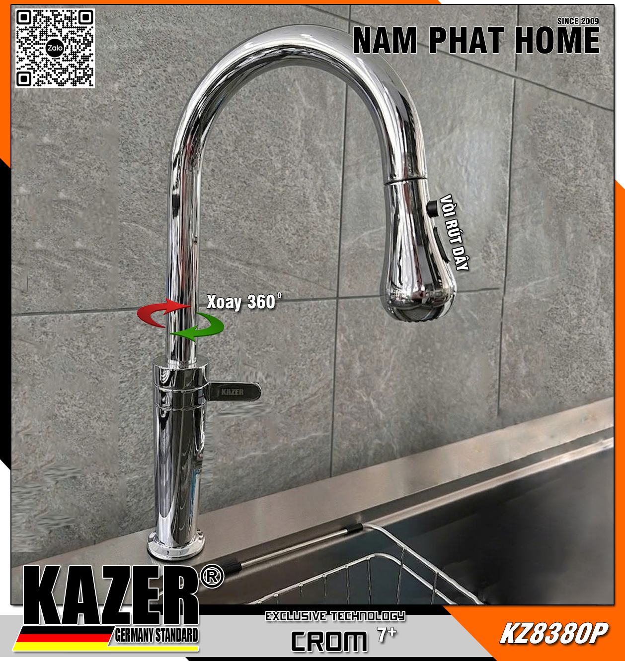 KZ8380P - VÒI RỬA CHÉN NÓNG LẠNH ĐỒNG THAU KAZER GERMANY, MẠ CROM 7+, MẪU DÂY RÚT 