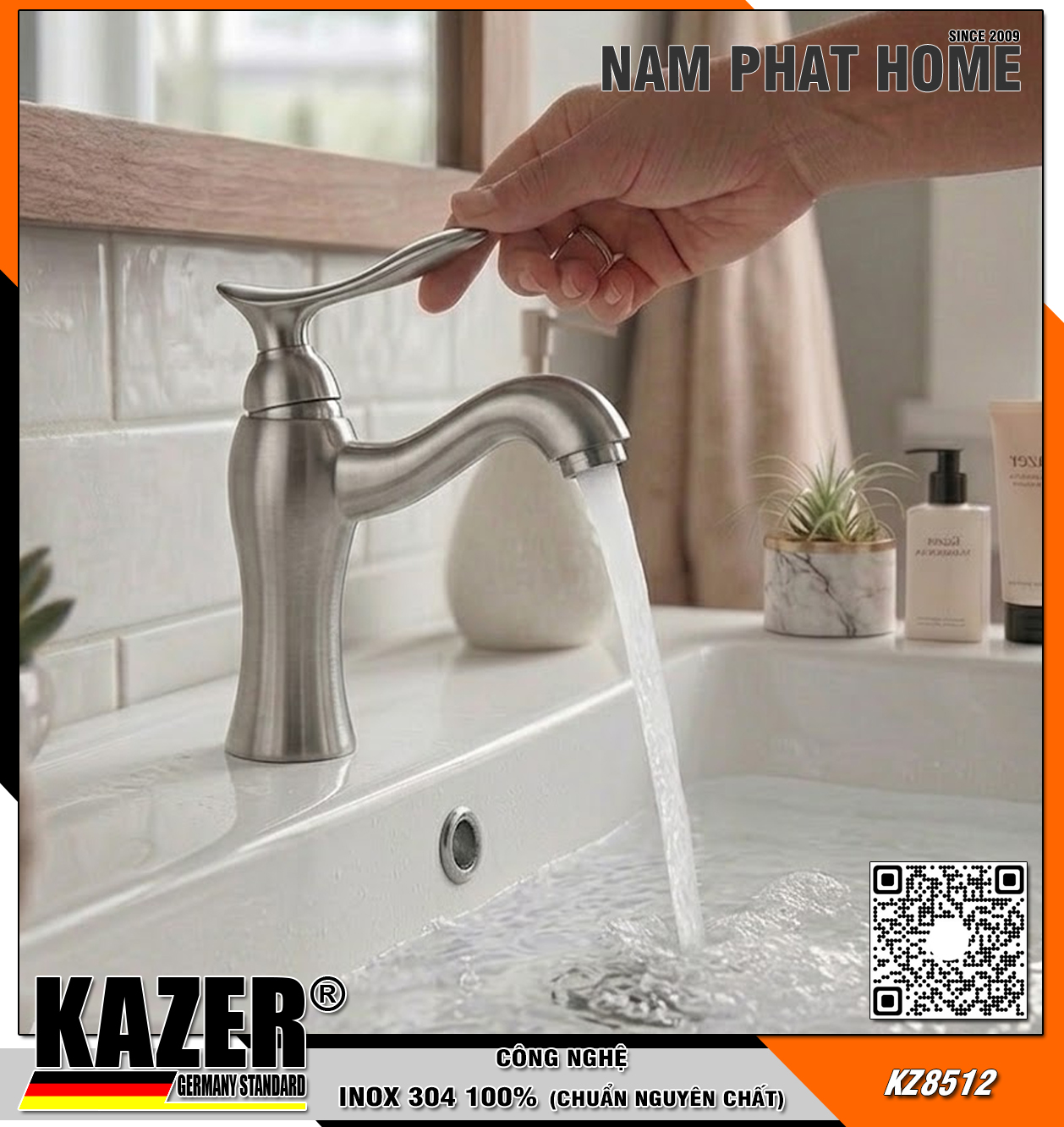 KZ8512, VÒI LAVABO LẠNH INOX 304  KAZER MẪU TAY GẠT