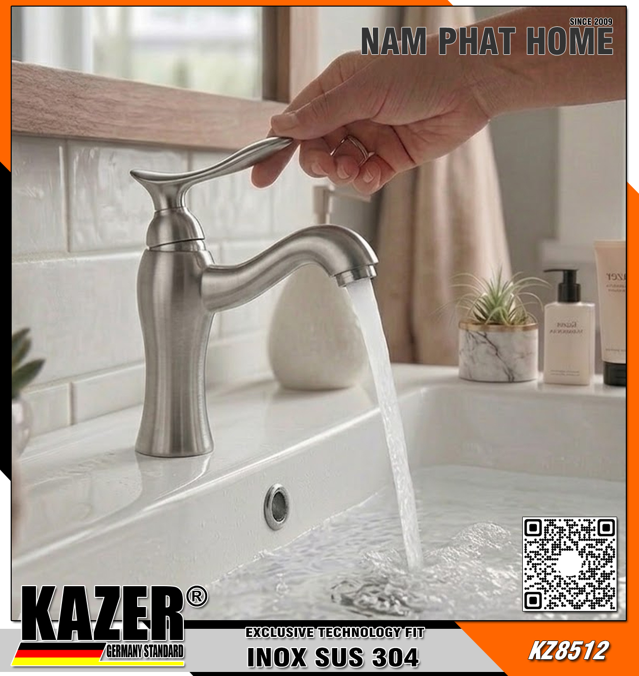 KZ8512, VÒI LAVABO LẠNH INOX 304  KAZER MẪU TAY GẠT