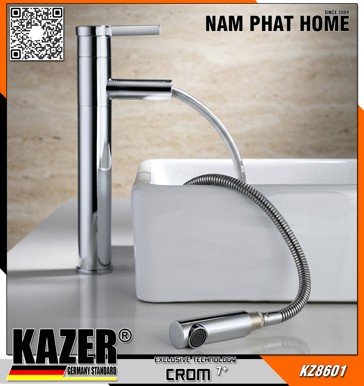 KZ8601 - VÒI LAVABO NÓNG LẠNH ĐỒNG THAU KAZER, MẠ CROM 7+ 30CM