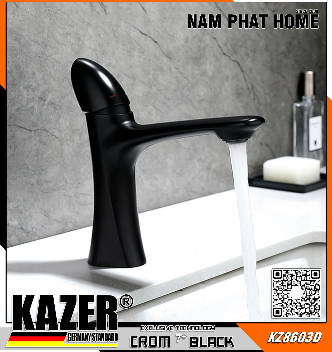 KZ8603D - VÒI LAVABO NÓNG LẠNH ĐỒNG THAU KAZER, MẠ CROM 7+ BLACK - 20CM