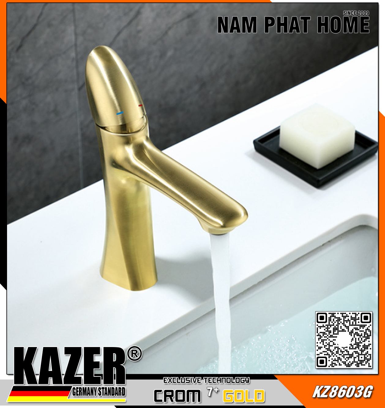 KZ8603G - VÒI LAVABO NÓNG LẠNH ĐỒNG THAU KAZER, MẠ CROM 7+ GOLD - 20CM