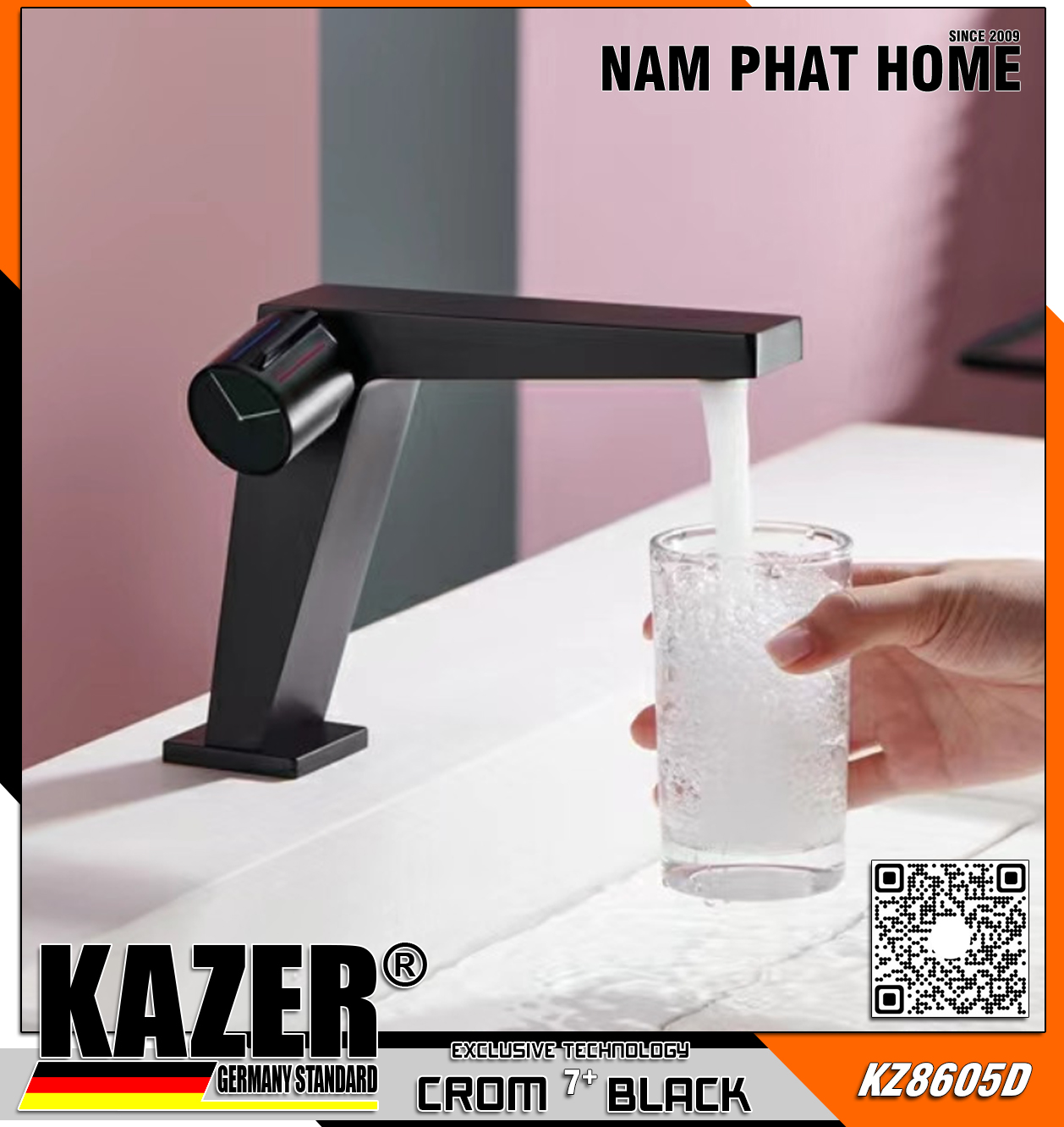 KZ8605D - VÒI LAVABO NÓNG LẠNH ĐỒNG THAU KAZER, MẠ CROM 7+ BLACK- 20CM