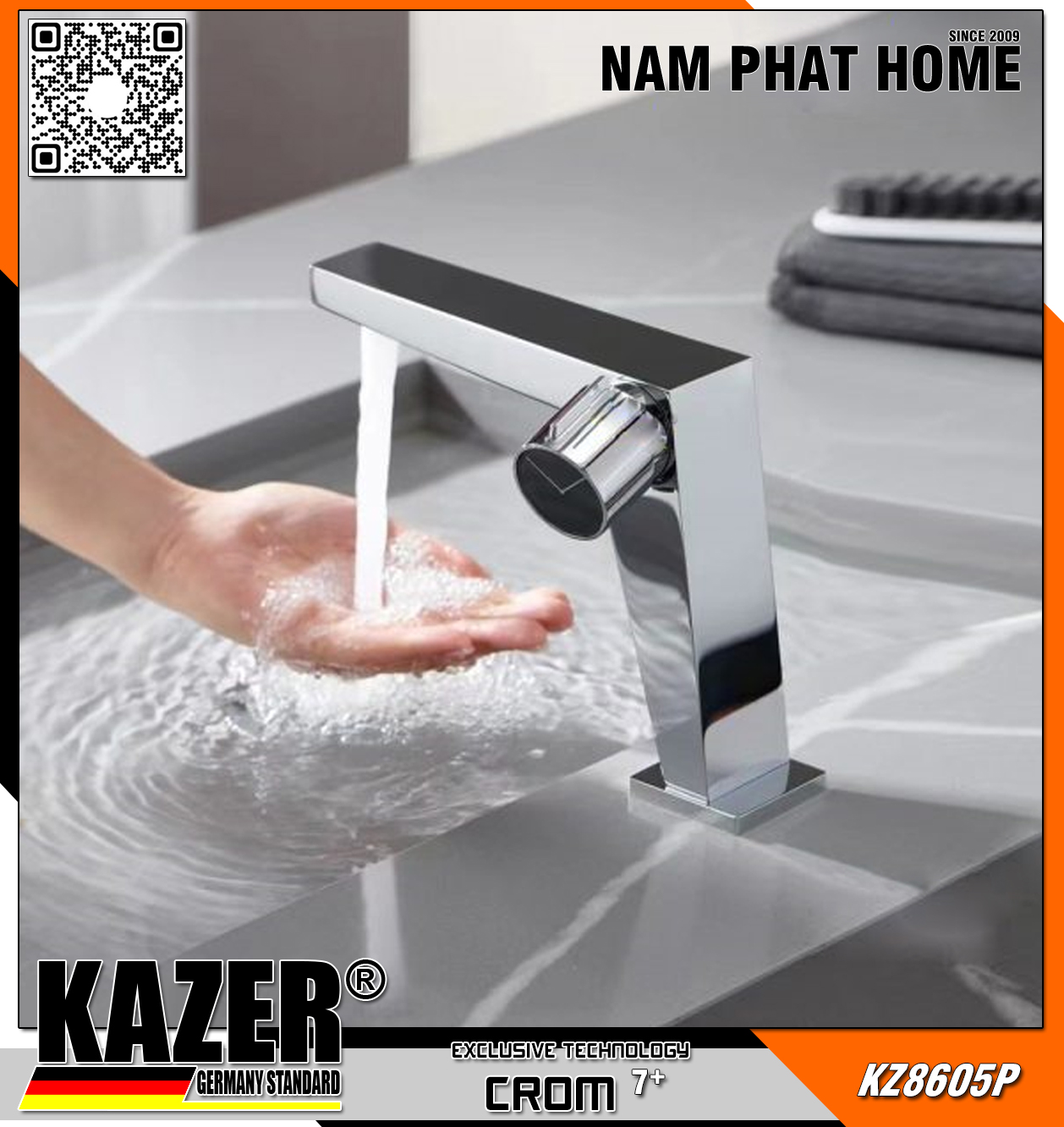KZ8605P - VÒI LAVABO NÓNG LẠNH ĐỒNG THAU KAZER, MẠ CROM 7+ 20CM