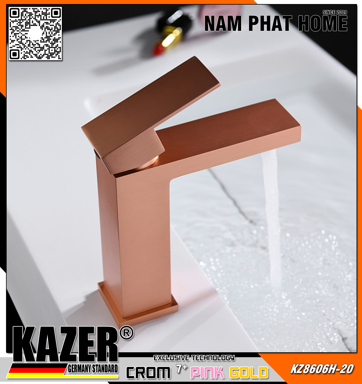 KZ8606H-20 - VÒI LAVABO NÓNG LẠNH ĐỒNG THAU KAZER, MẠ CROM 7+ PINK GOLD - 20CM