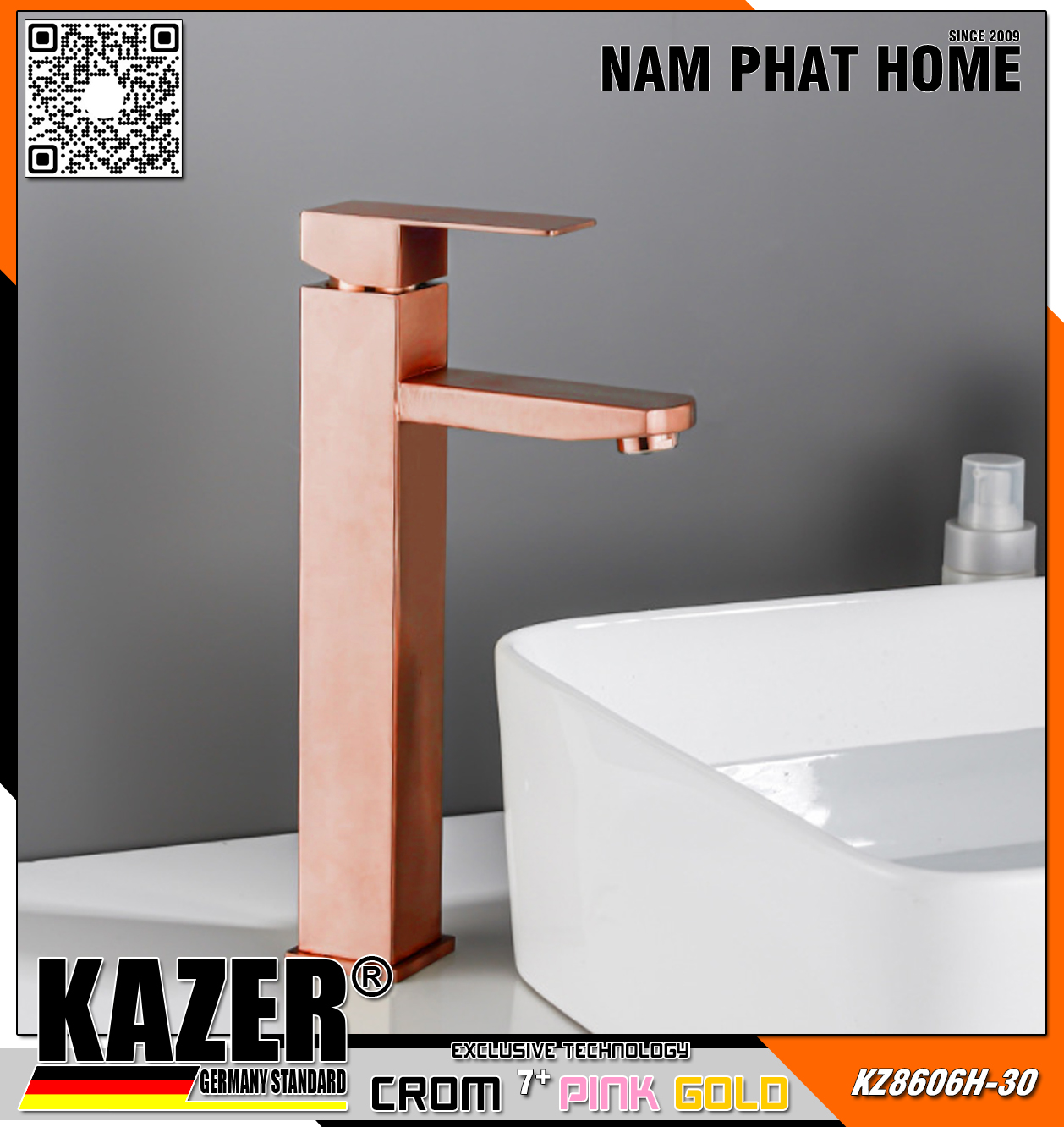 KZ8606H-30 - VÒI LAVABO NÓNG LẠNH ĐỒNG THAU KAZER, MẠ CROM 7+ PINK GOLD - 30CM