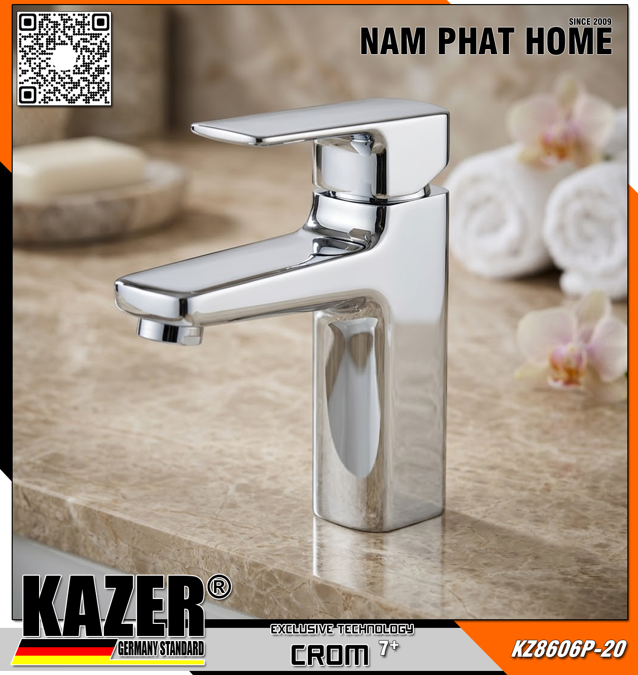 KZ8606P-20 - VÒI LAVABO NÓNG LẠNH ĐỒNG THAU KAZER, MẠ CROM 7+ 20CM