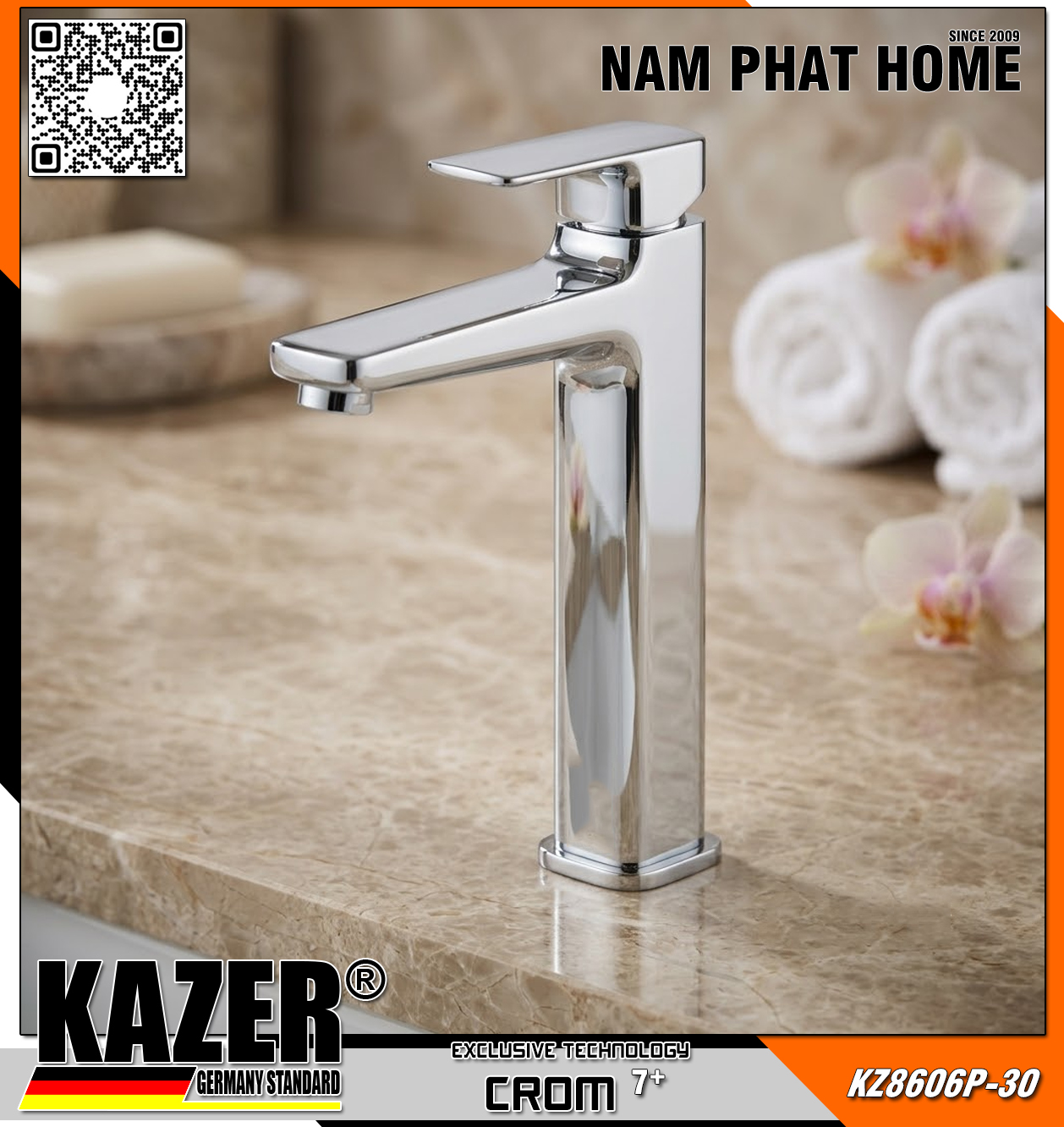 KZ8606P-30 - VÒI LAVABO NÓNG LẠNH ĐỒNG THAU KAZER, MẠ CROM 7+ 30CM