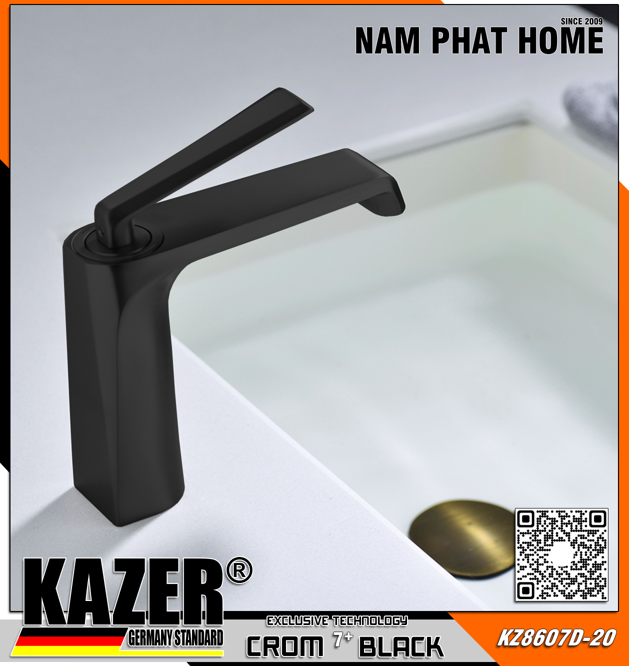KZ8607D-20 - VÒI LAVABO NÓNG LẠNH ĐỒNG THAU KAZER, MẠ CROM 7+ BLACK - 20CM