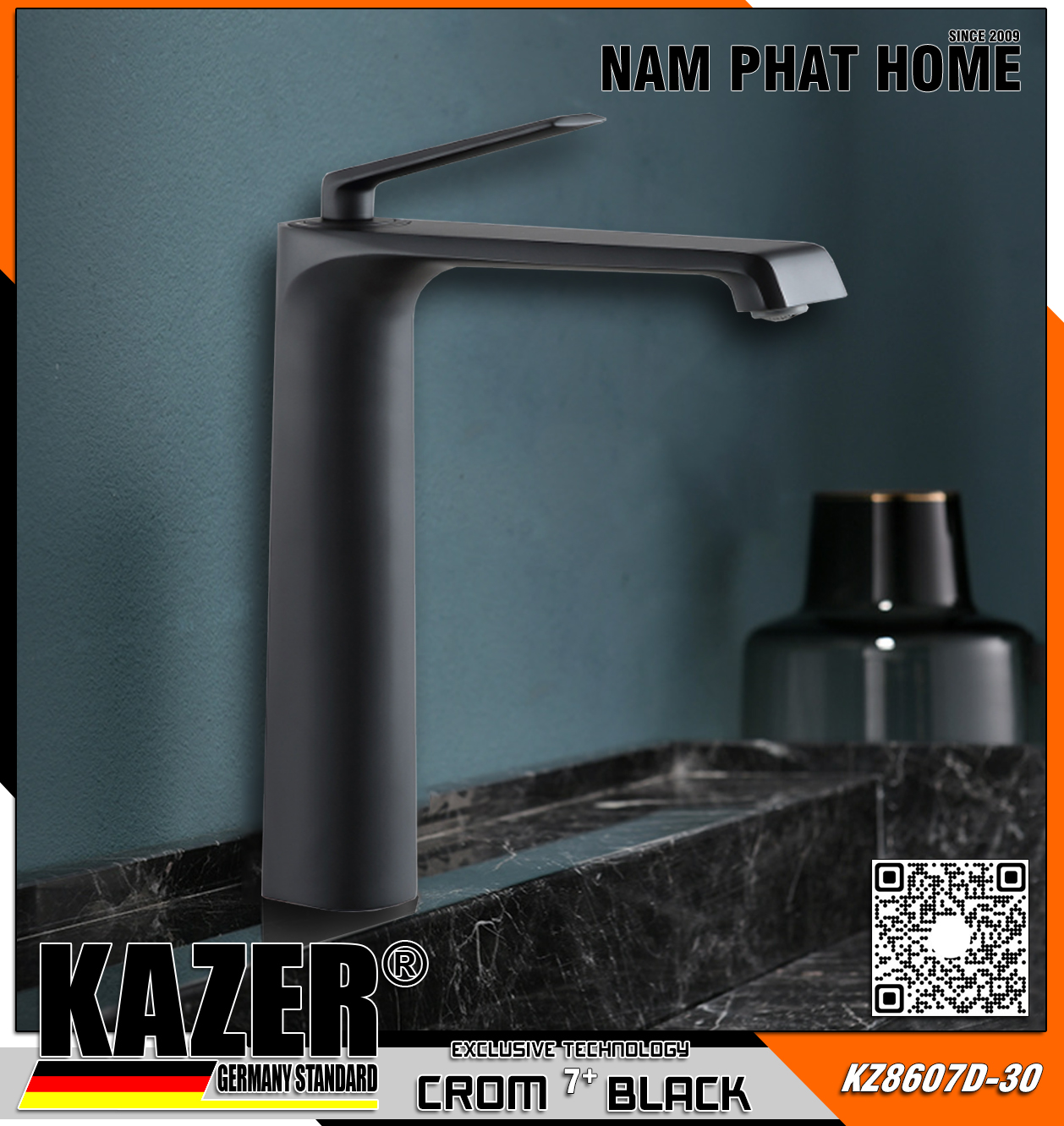 KZ8607D-30 - VÒI LAVABO NÓNG LẠNH ĐỒNG THAU KAZER, MẠ CROM 7+ BLACK - 30CM