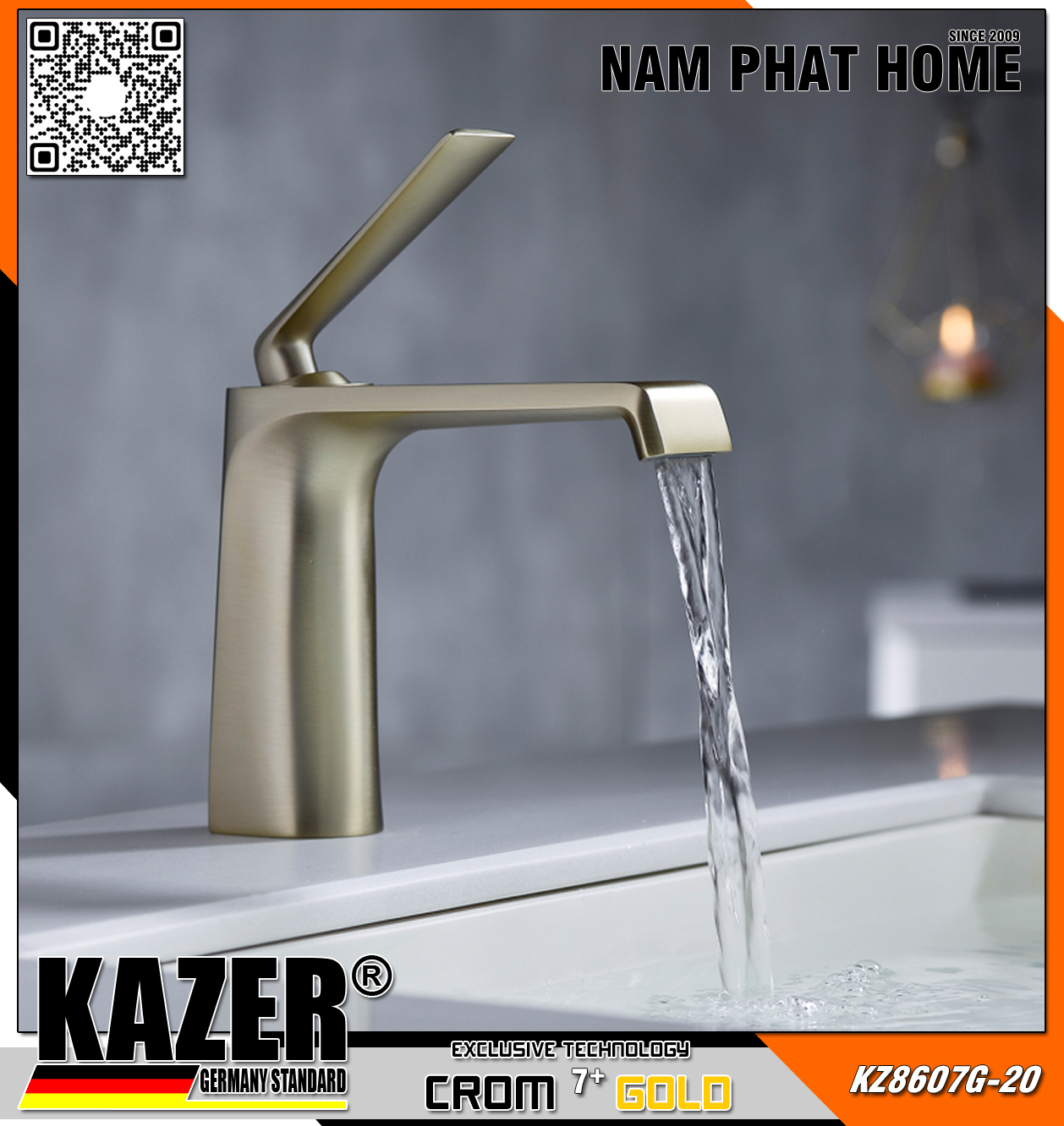 KZ8607G-20 - VÒI LAVABO NÓNG LẠNH ĐỒNG THAU KAZER, MẠ CROM 7+ GOLD - 20CM