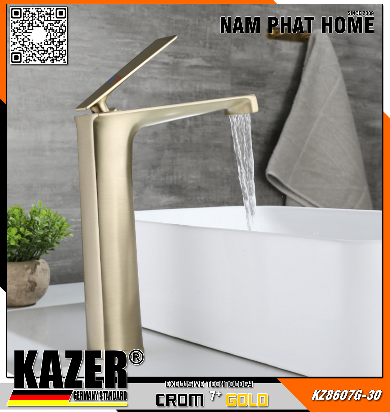 KZ8607G-30 - VÒI LAVABO NÓNG LẠNH ĐỒNG THAU KAZER, MẠ CROM 7+ GOLD - 30CM