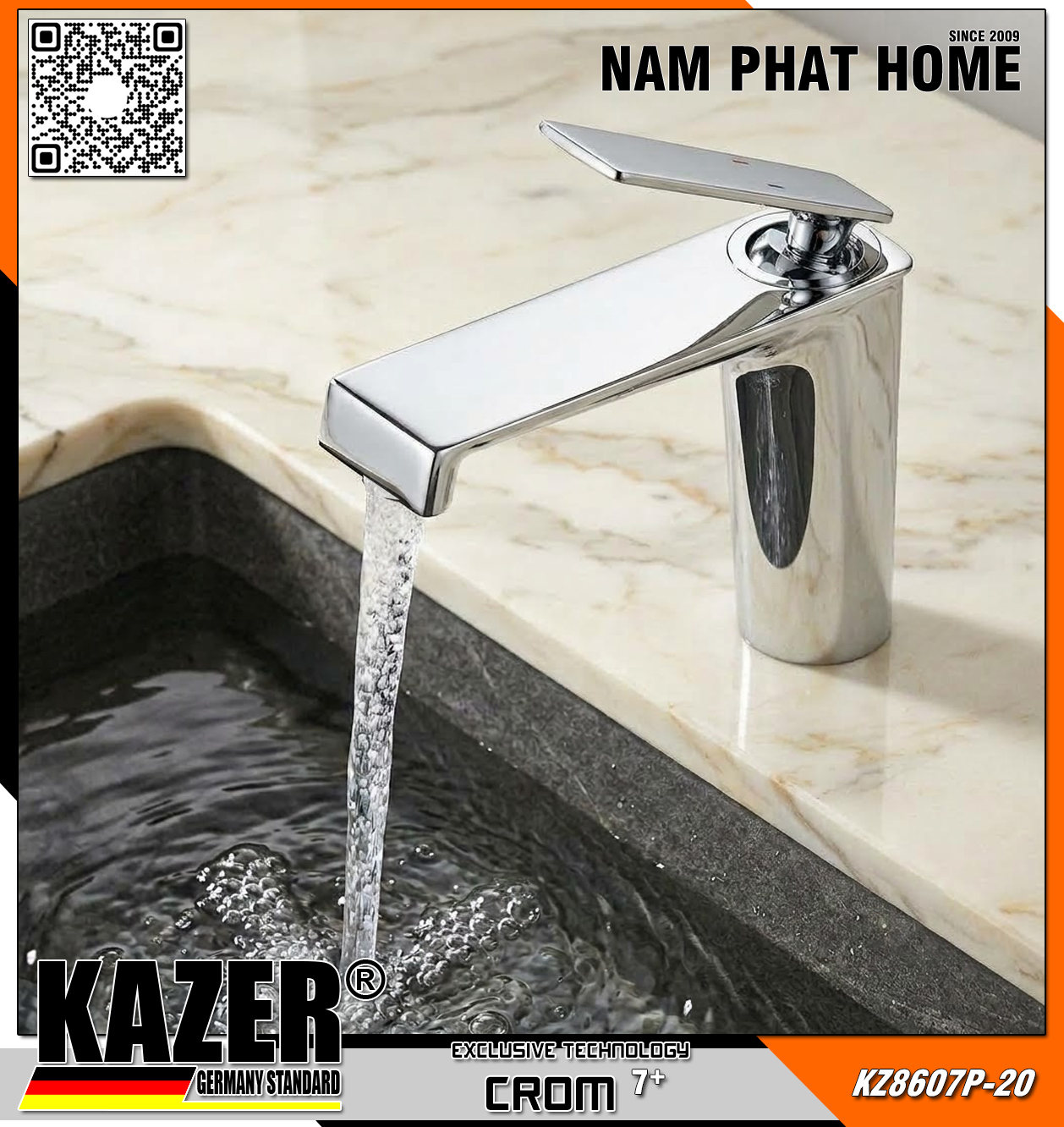 KZ8607P-20 - VÒI LAVABO NÓNG LẠNH ĐỒNG THAU KAZER, MẠ CROM 7+ 20CM