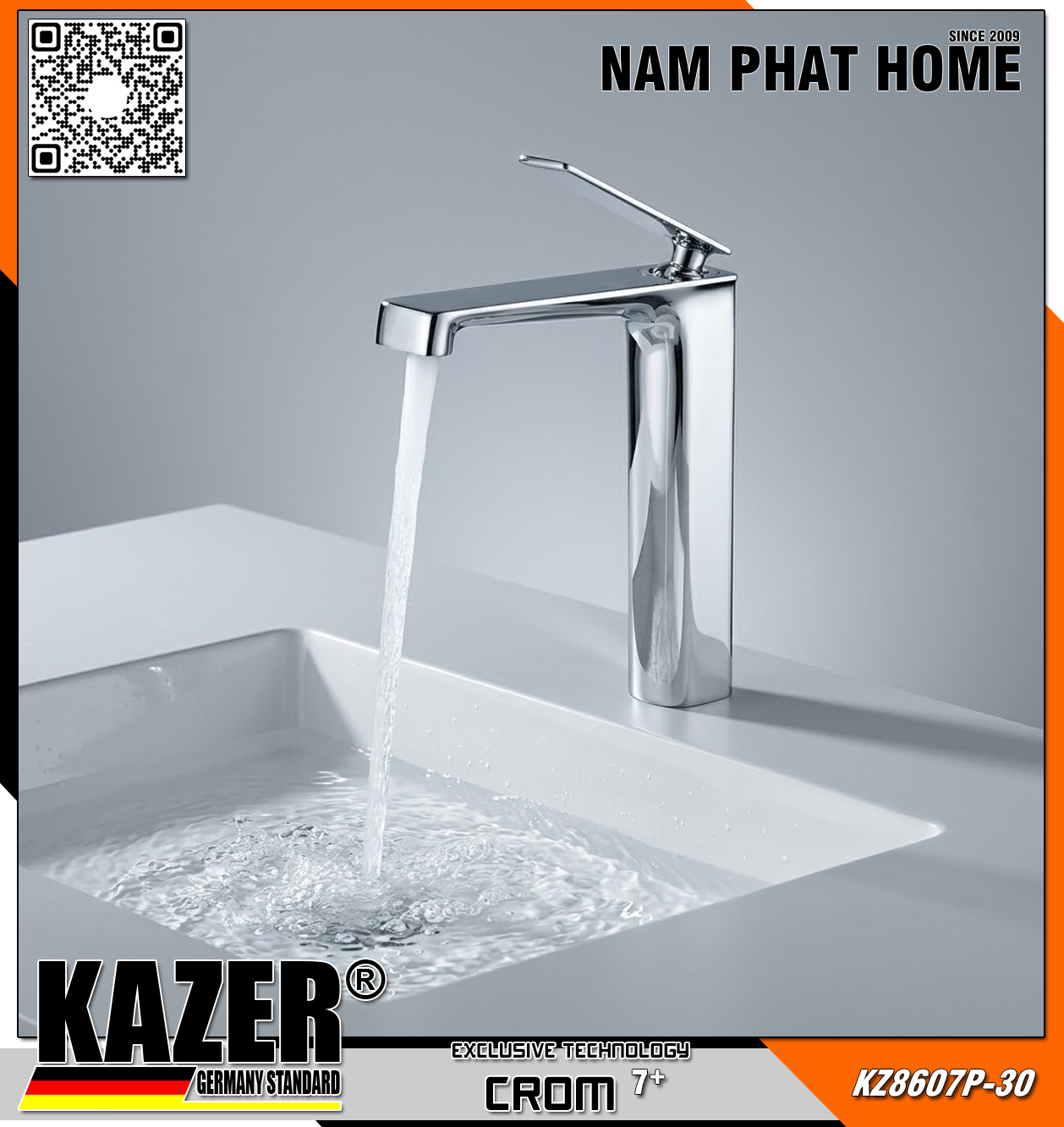 KZ8607P-30 - VÒI LAVABO NÓNG LẠNH ĐỒNG THAU KAZER, MẠ CROM 7+ 30CM