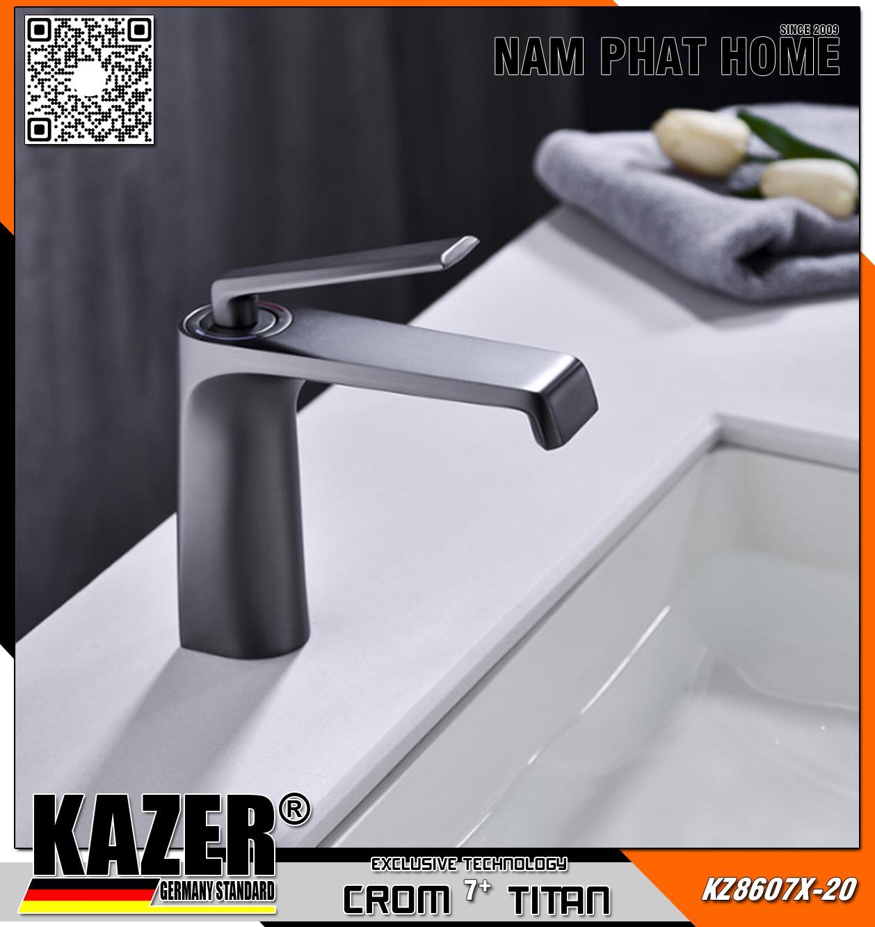 KZ8607X-20 - VÒI LAVABO NÓNG LẠNH ĐỒNG THAU KAZER, MẠ CROM 7+ TITAN - 20CM