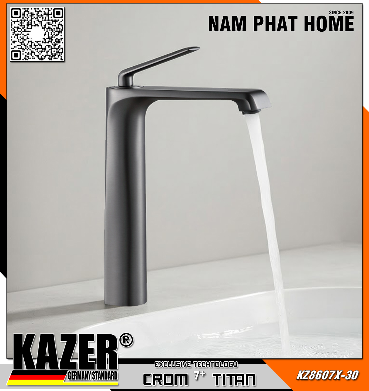 KZ8607X-30 - VÒI LAVABO NÓNG LẠNH ĐỒNG THAU KAZER, MẠ CROM 7+ TITAN - 30CM
