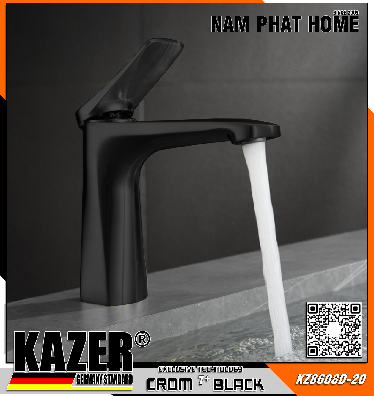KZ8608D-20 - VÒI LAVABO NÓNG LẠNH ĐỒNG THAU KAZER, MẠ CROM 7+ BLACK - 20CM