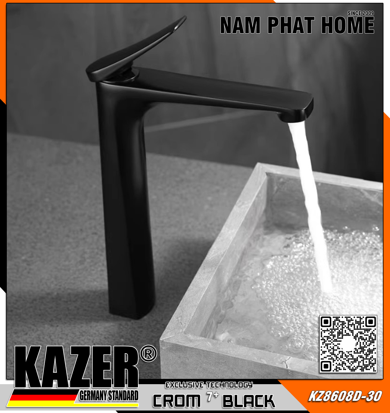 KZ8608D-30 - VÒI LAVABO NÓNG LẠNH ĐỒNG THAU KAZER, MẠ CROM 7+ BLACK - 30CM