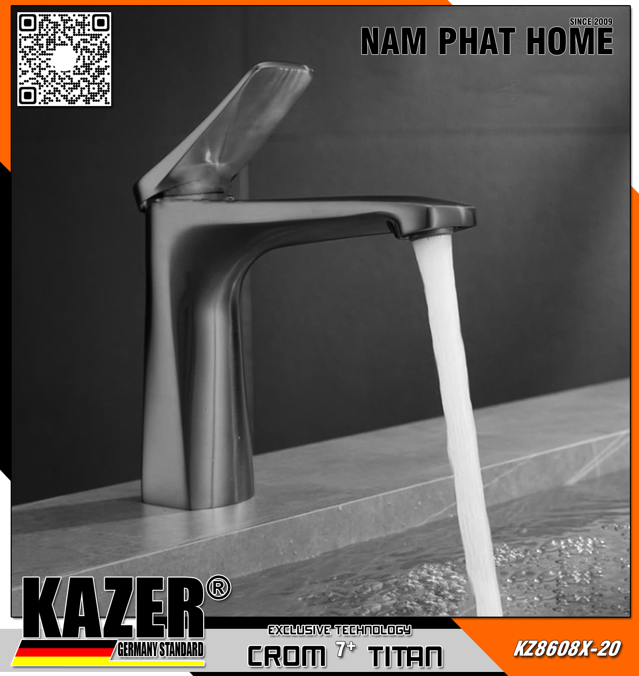 KZ8608X-20 - VÒI LAVABO NÓNG LẠNH ĐỒNG THAU KAZER, MẠ CROM 7+ TITAN - 20CM