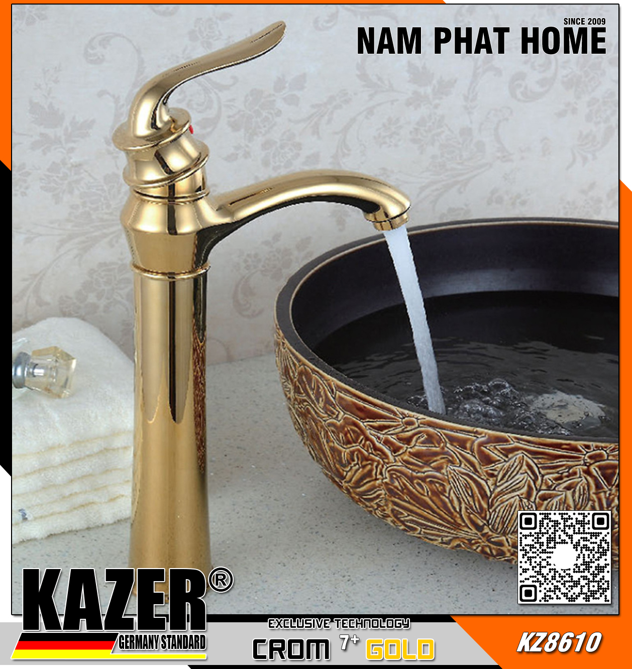 KZ8610 - VÒI LAVABO NÓNG LẠNH ĐỒNG THAU MẠ CROM 7+ GOLD KAZER - 30CM