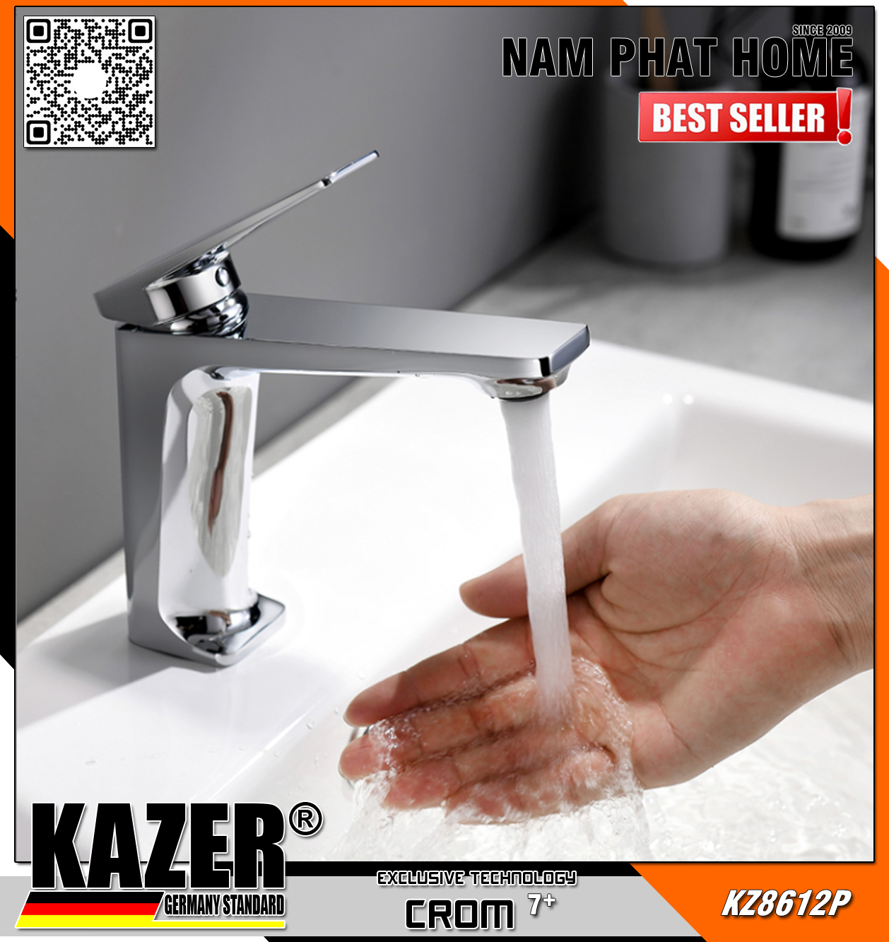 KZ8612P - VÒI LAVABO NÓNG LẠNH ĐỒNG THAU KAZER, MẠ CROM 7+  20CM