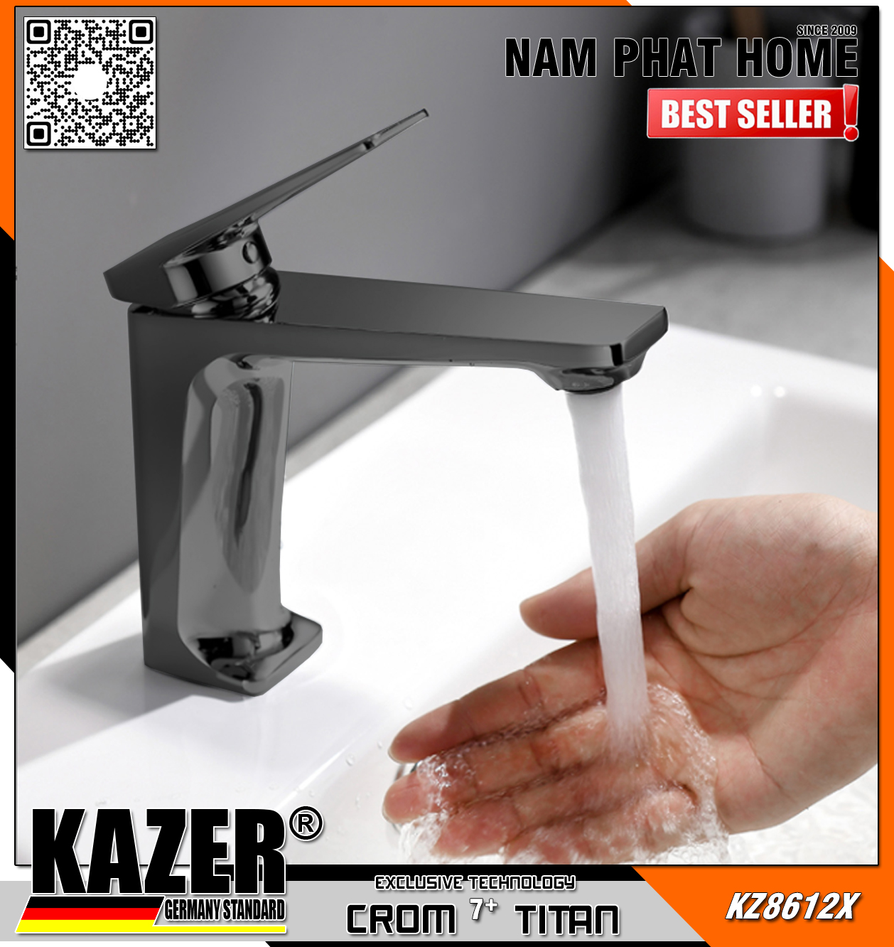KZ8612X - VÒI LAVABO NÓNG LẠNH ĐỒNG THAU KAZER, MẠ CROM 7+ TITAN-20CM
