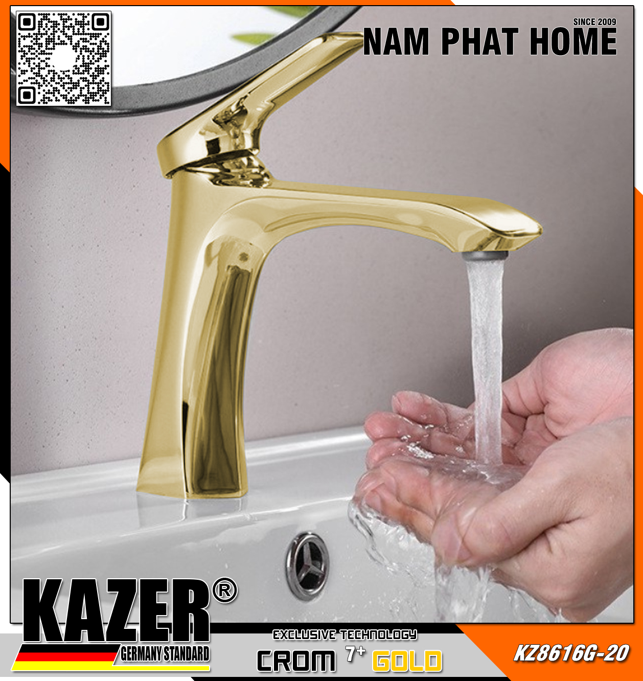 KZ8616G-20 - VÒI LAVABO NÓNG LẠNH ĐỒNG THAU KAZER, MẠ CROM 7+ GOLD - 20CM