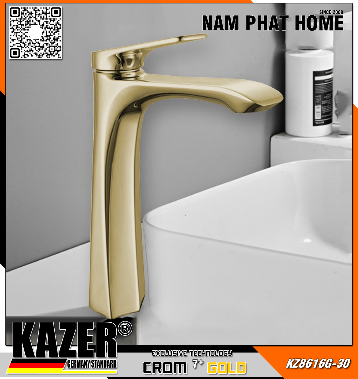 KZ8616G-30 - VÒI LAVABO NÓNG LẠNH ĐỒNG THAU KAZER, MẠ CROM 7+ GOLD - 30CM