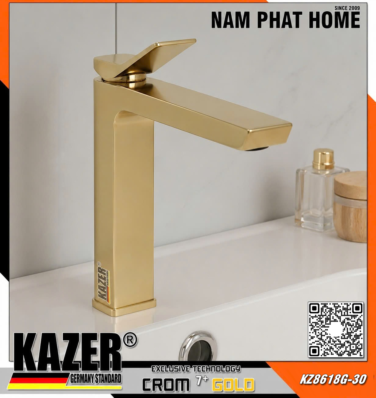 KZ8618G-30 - VÒI LAVABO ĐỒNG THAU NÓNG LẠNH KAZER - 30CM