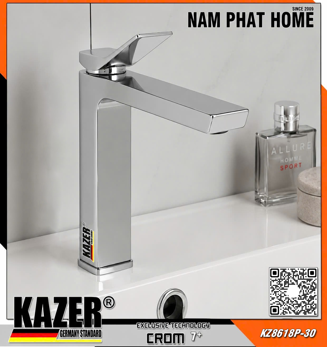 KZ8618P-30 - VÒI LAVABO ĐỒNG THAU NÓNG LẠNH KAZER - 30CM
