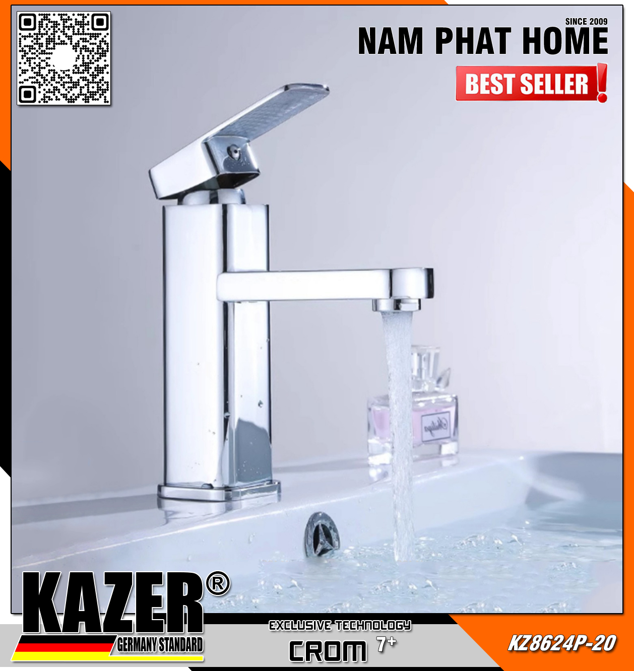 KZ8624 - VÒI LAVABO NÓNG LẠNH ĐỒNG THAU KAZER, MẠ CROM 7+ 20CM