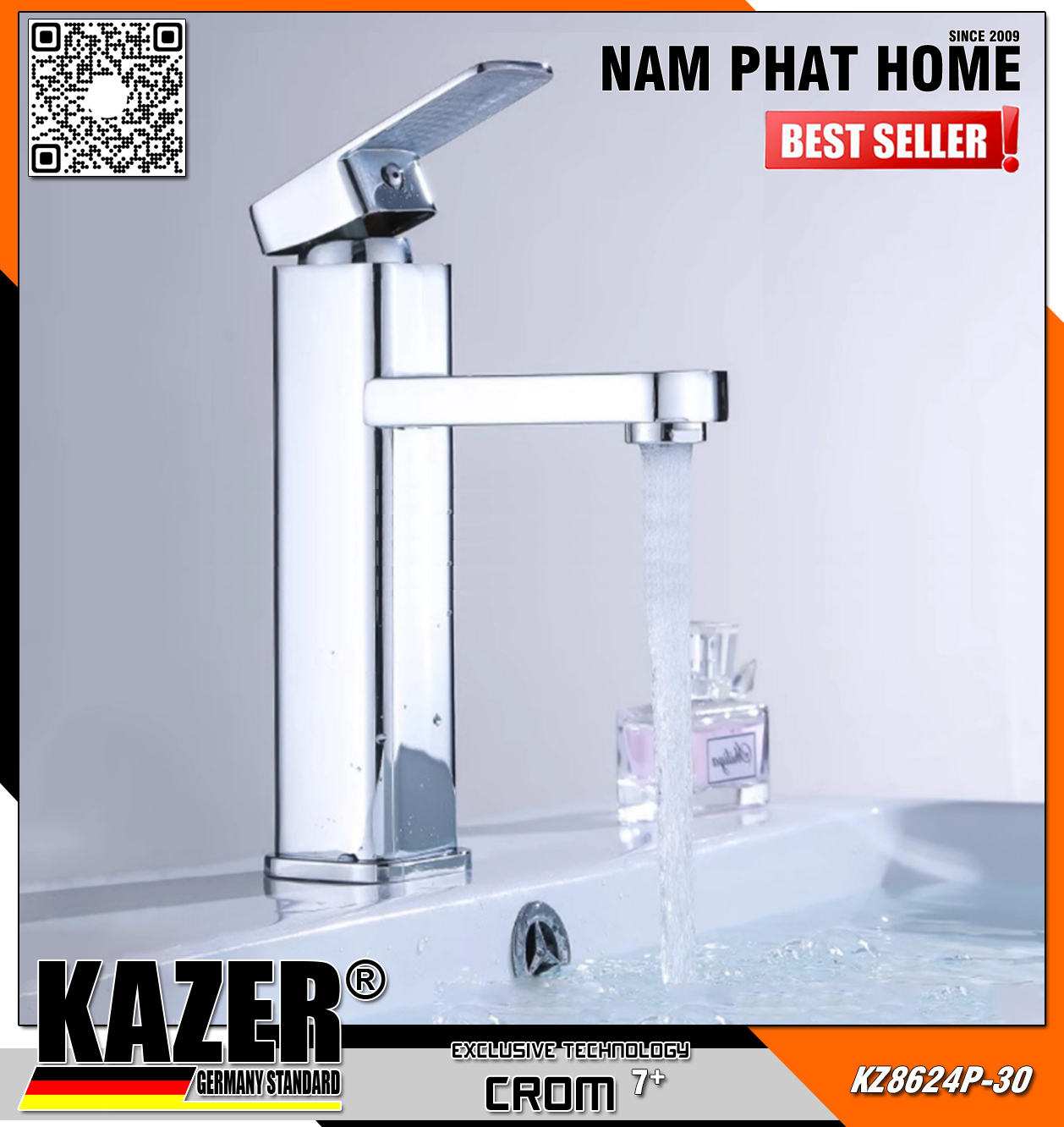 KZ8624-30 - VÒI LAVABO NÓNG LẠNH ĐỒNG THAU KAZER, MẠ CROM 7+ 30CM