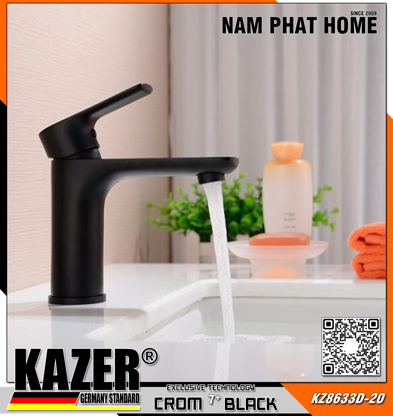 KZ8633D-20 - VÒI LAVABO NÓNG LẠNH ĐỒNG THAU KAZER, MẠ CROM 7+ BLACK 20CM